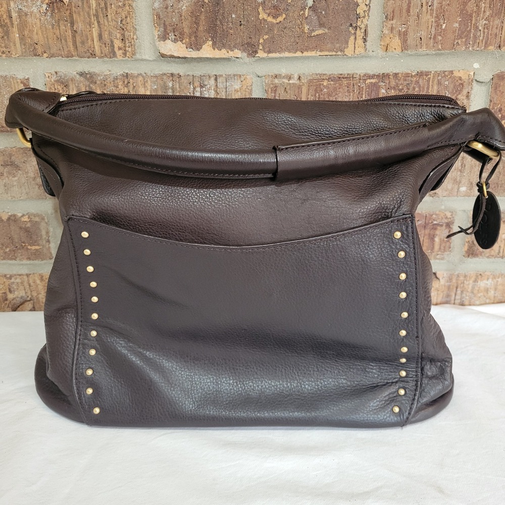 Rolfs Genuine Leather Dark Brown  Hobo Shoulder Bag Pebbled Studded Gold Tone